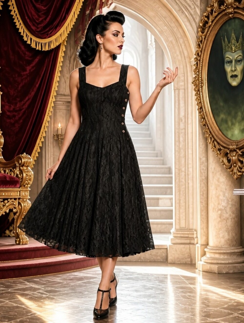 Nostalgia Black Lace Midi Dress with Sweetheart Bodice